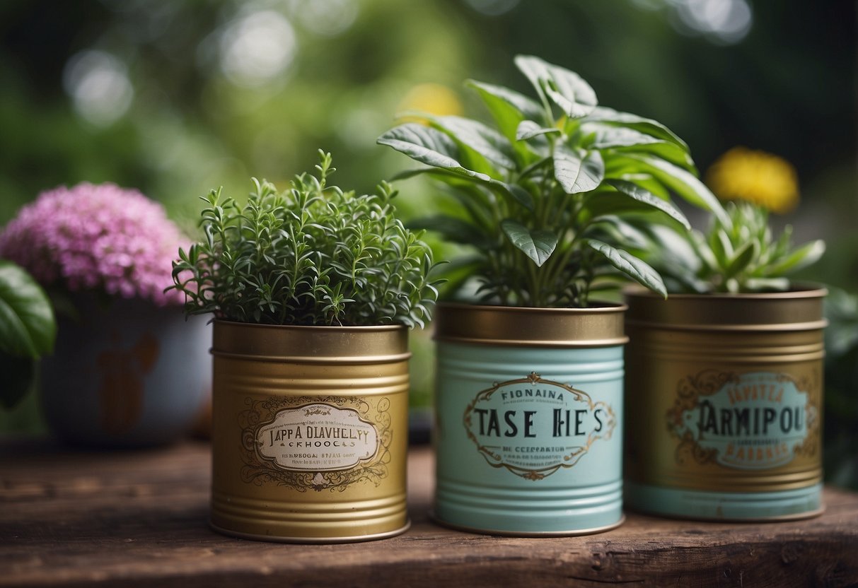 Tea tins repurposed as planters in a whimsical garden setting. DIY plant pots with vintage charm