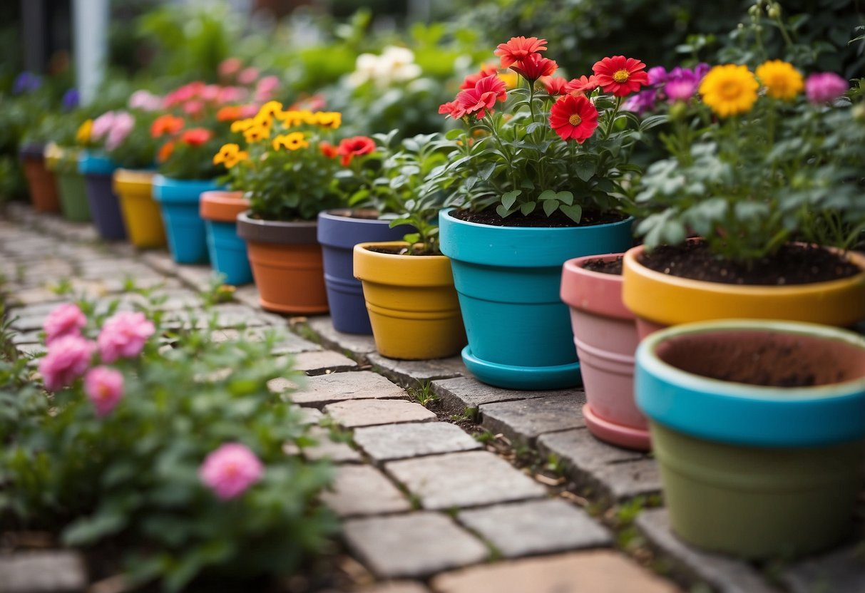 Colorful flower pots made from recycled boots line a garden path, adding a quirky touch to the DIY garden