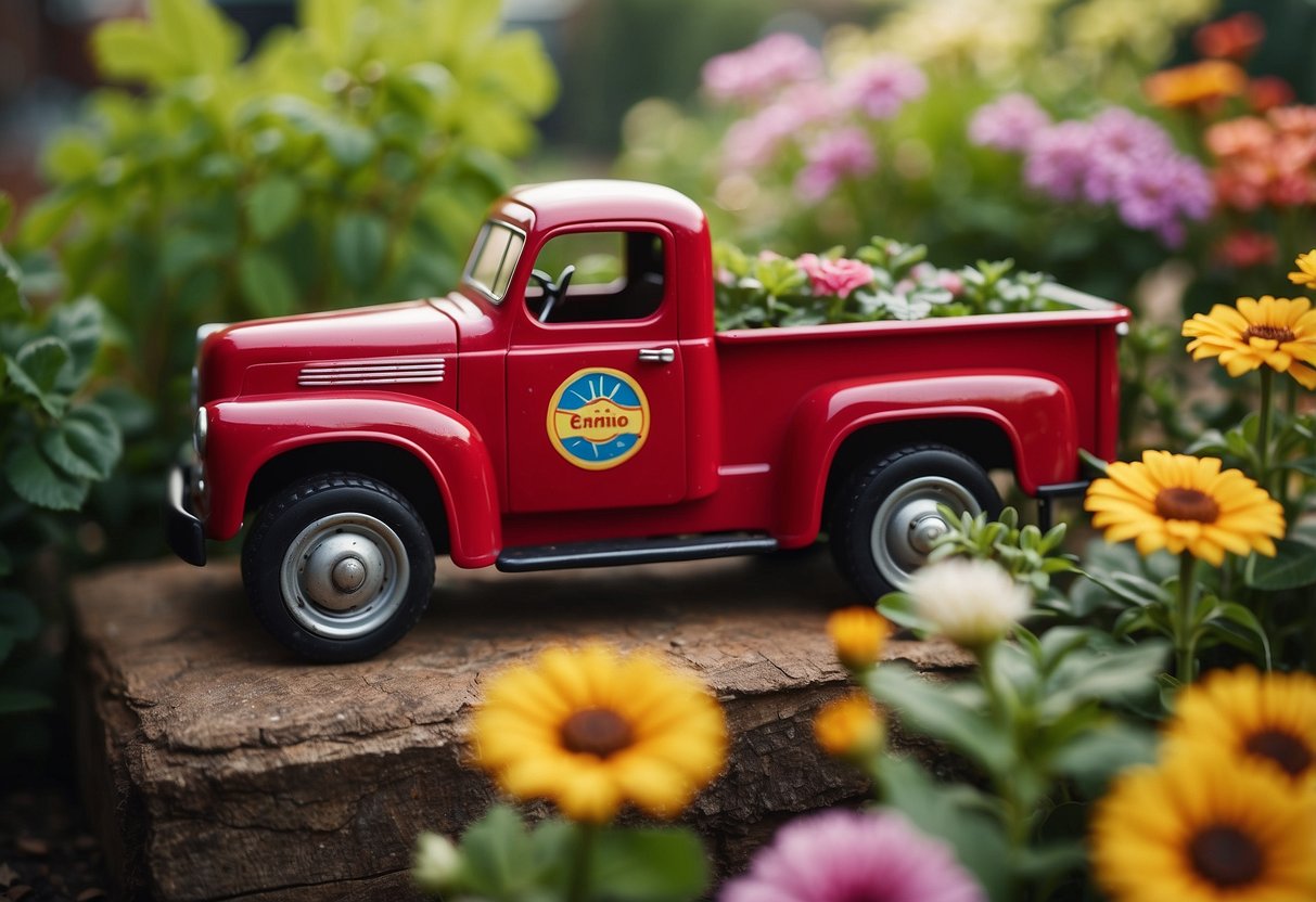 A toy truck converted into a garden planter, filled with colorful flowers and placed in a whimsical garden setting