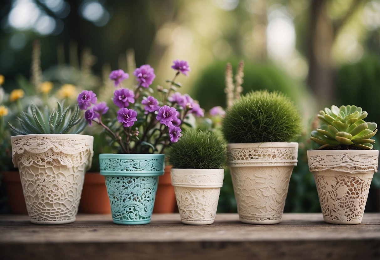 Flower pots wrapped in lace, nestled among whimsical garden decor. Unique DIY plant pot ideas for a quirky garden setting