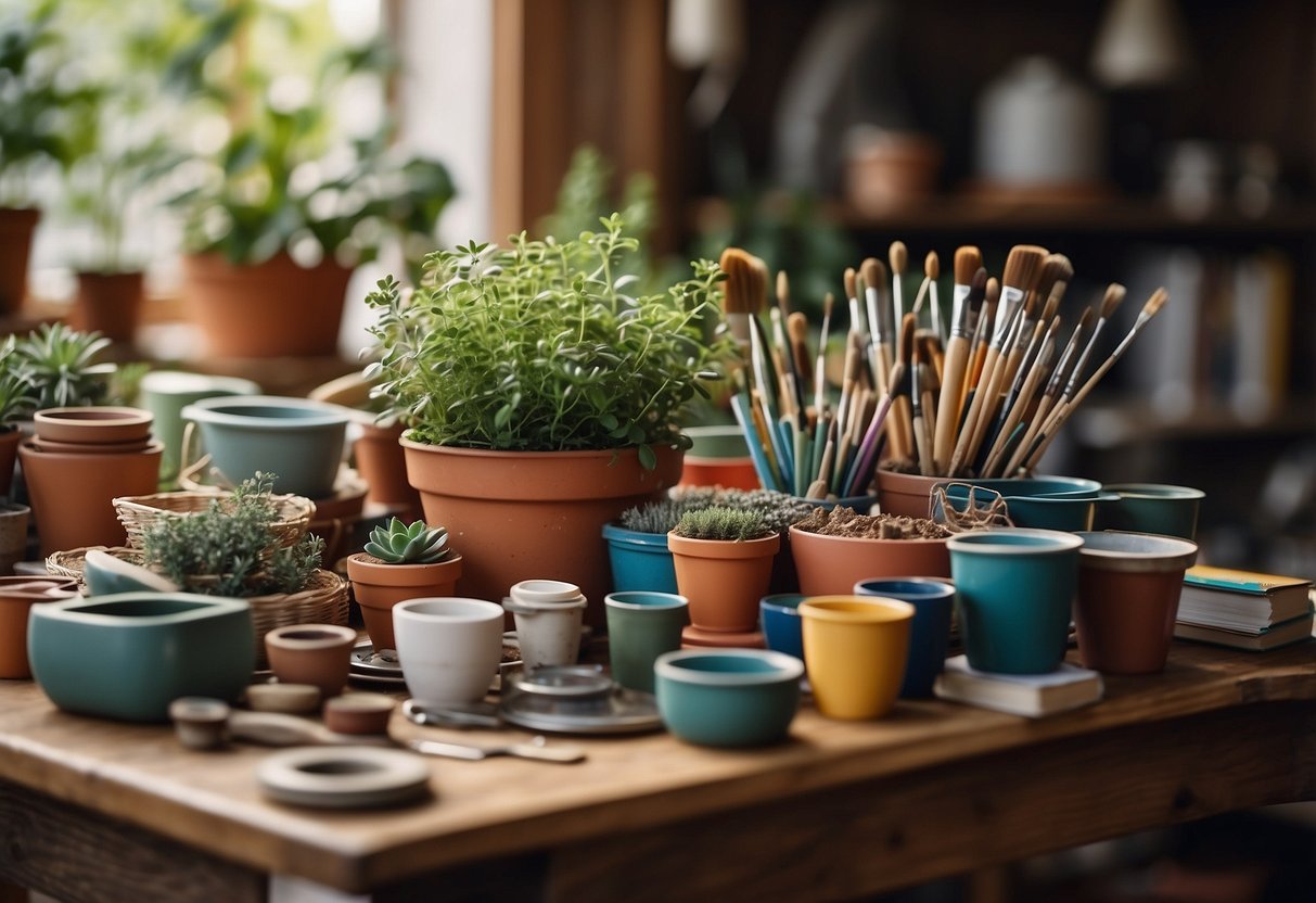 A table cluttered with paintbrushes, colorful pots, and various crafting materials. A stack of gardening books sits nearby, open to quirky plant pot ideas