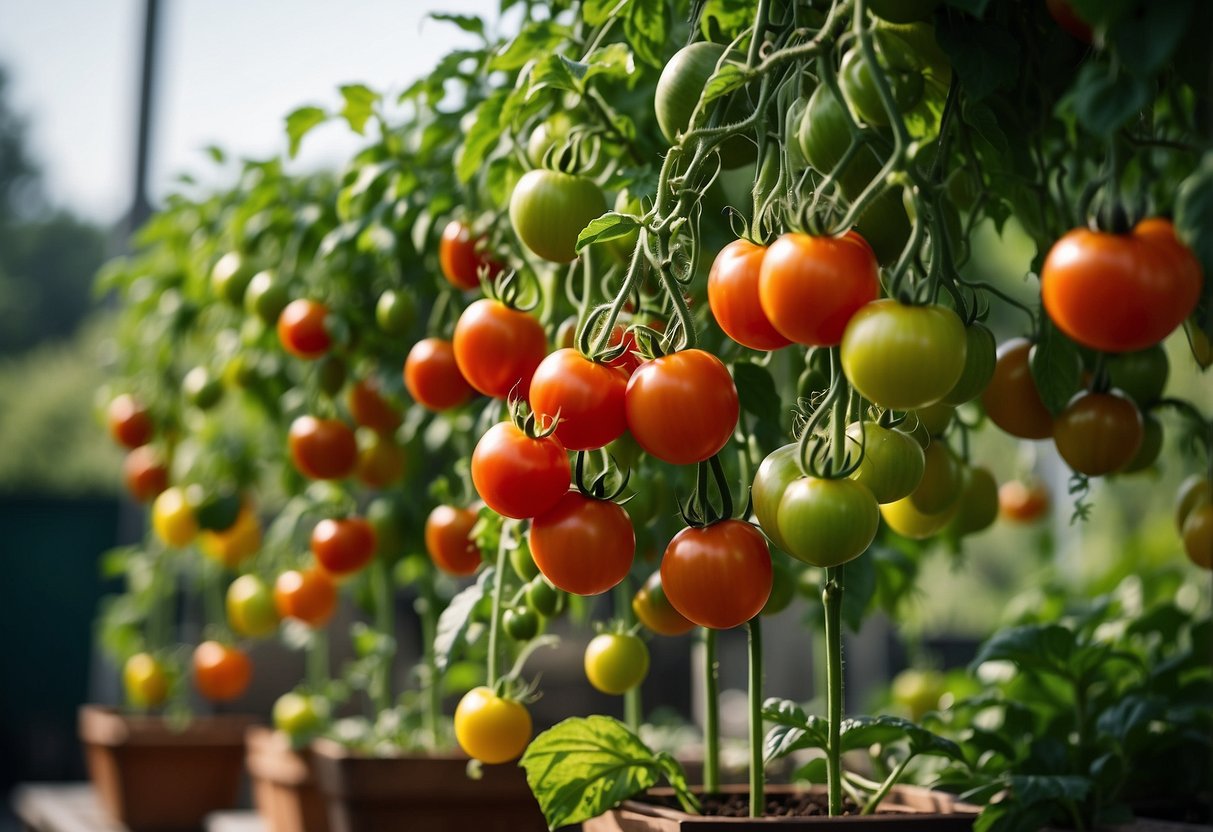 Several tomato plants hang from elevated planters, cascading down in a lush green display of gardening ingenuity