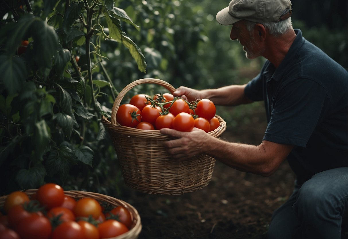 Tomatoes being picked and placed in baskets, then stored in a cool, dark place