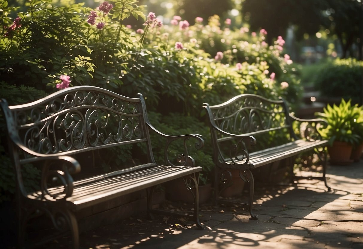 The vintage iron benches sit amidst a lush villa garden, surrounded by blooming flowers and tall, swaying trees. The sunlight filters through the leaves, casting dappled shadows on the weathered metal