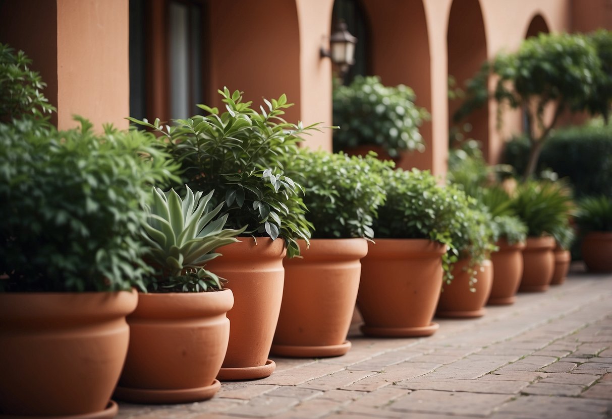 Lush terracotta potted plants line a serene villa garden, creating a peaceful and inviting outdoor space