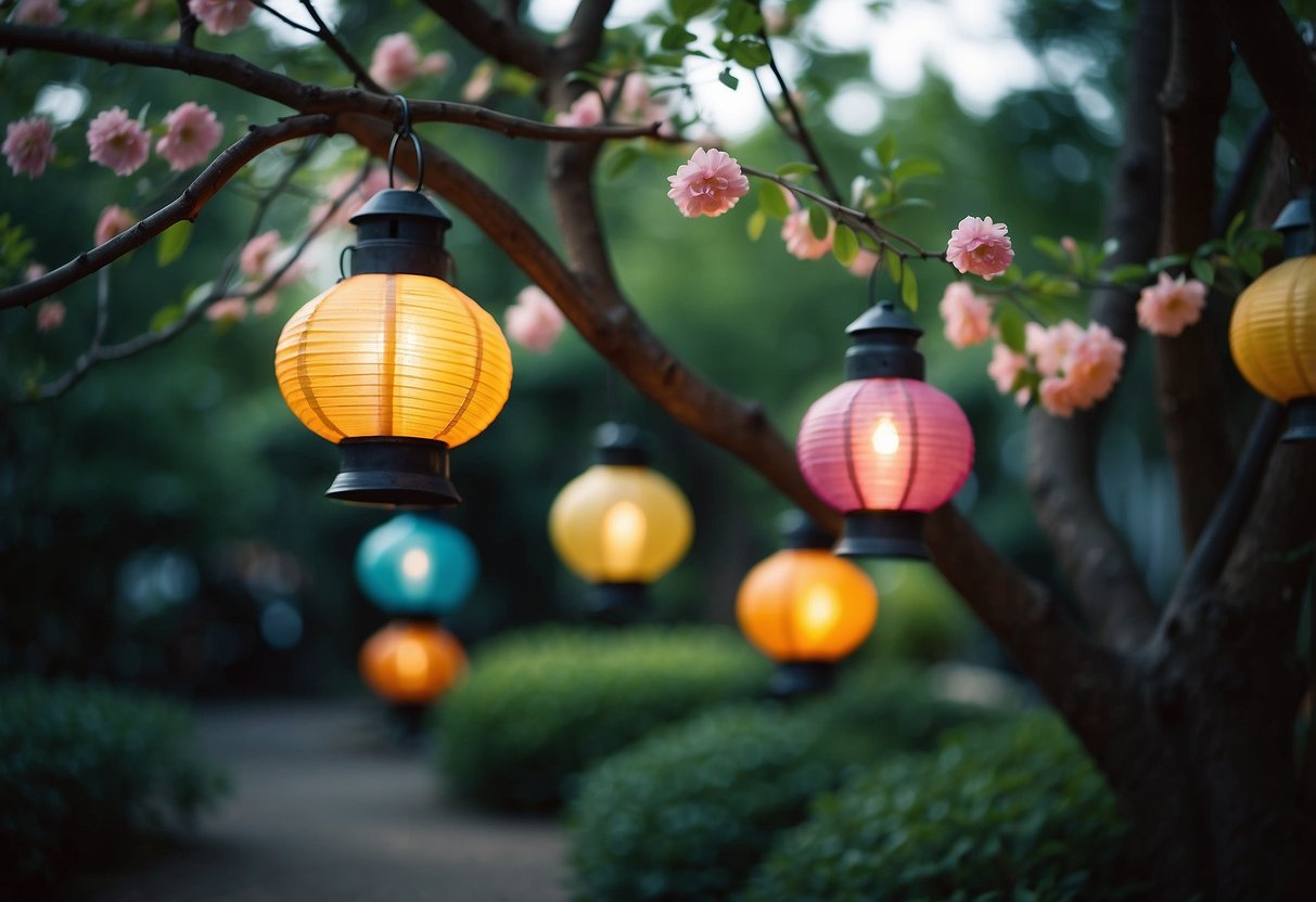 Colorful lanterns hang from tree branches in a lush garden, casting a warm glow over the winding paths and blooming flowers