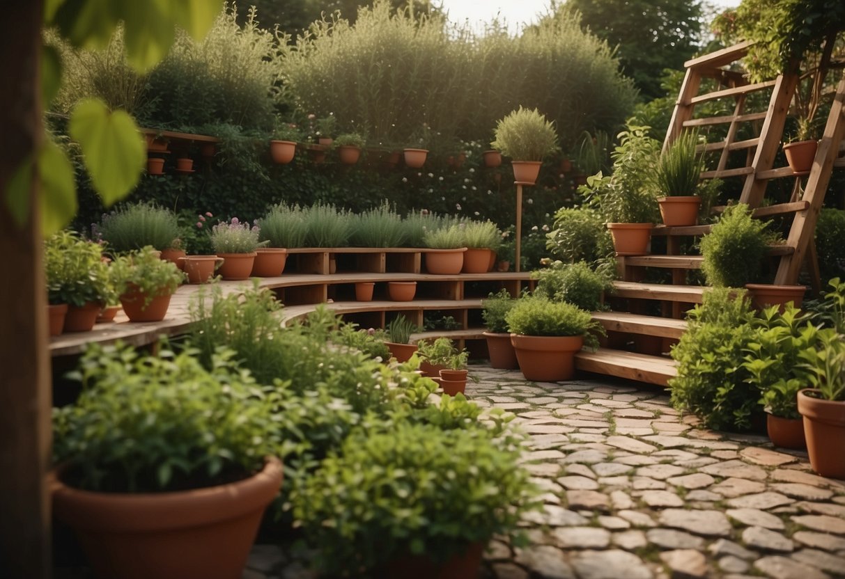 A cozy corner of a villa garden, filled with aromatic herbs in raised beds and terracotta pots. A wooden trellis supports climbing plants, while a stone path winds through the greenery