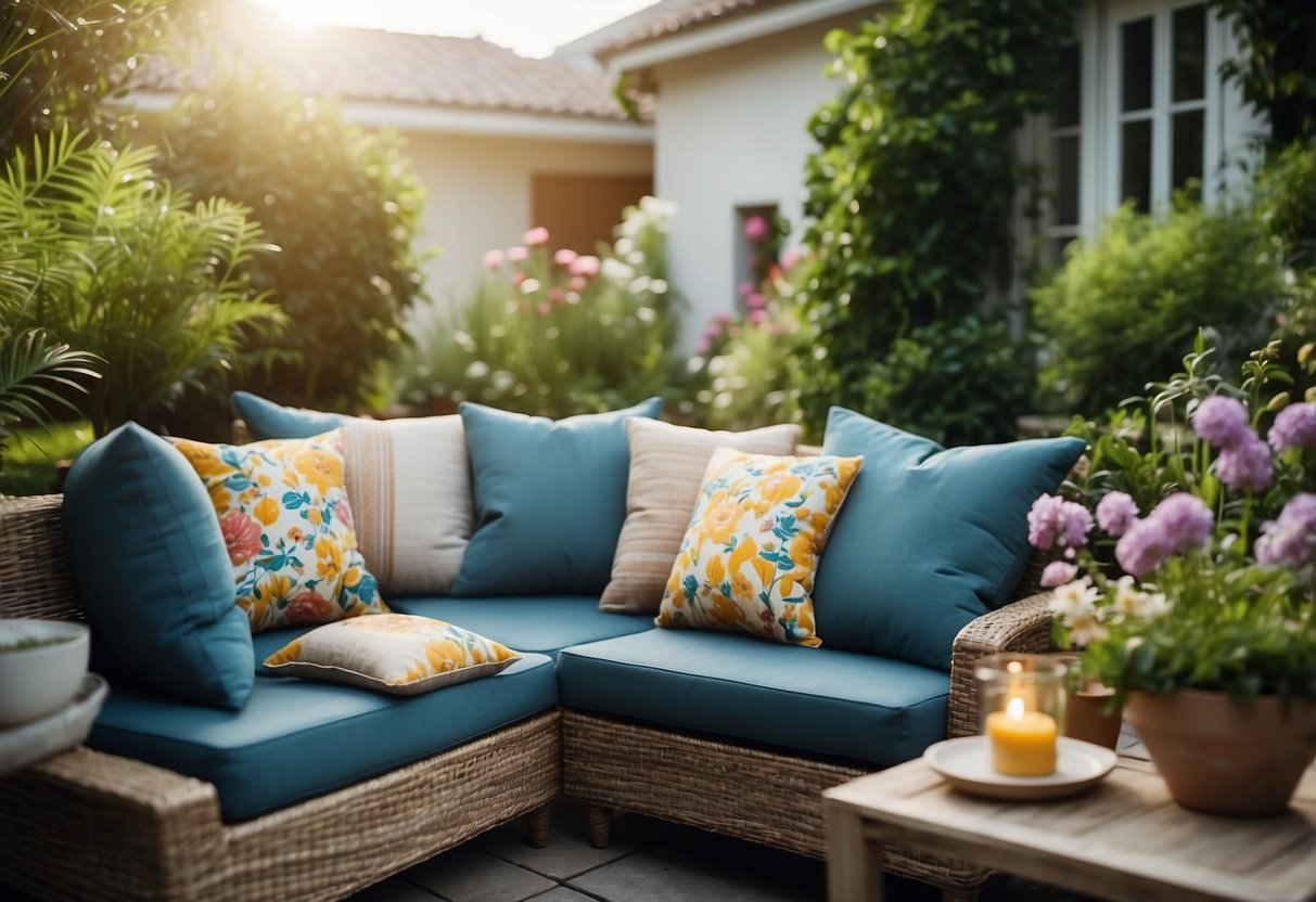 Vibrant outdoor cushions adorn a cozy villa garden, nestled among lush greenery and blooming flowers, creating a welcoming and relaxing atmosphere