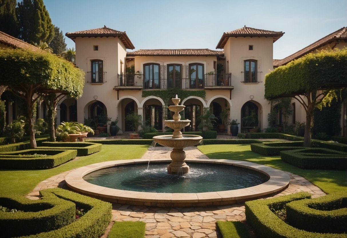 A villa garden with symmetrical pathways, lush greenery, and strategically placed focal points like a fountain or pergola