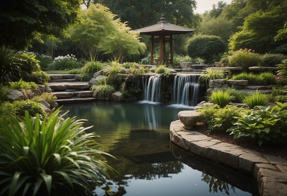 A peaceful garden with a serene pond, trickling waterfall, and lush greenery creating a tranquil atmosphere