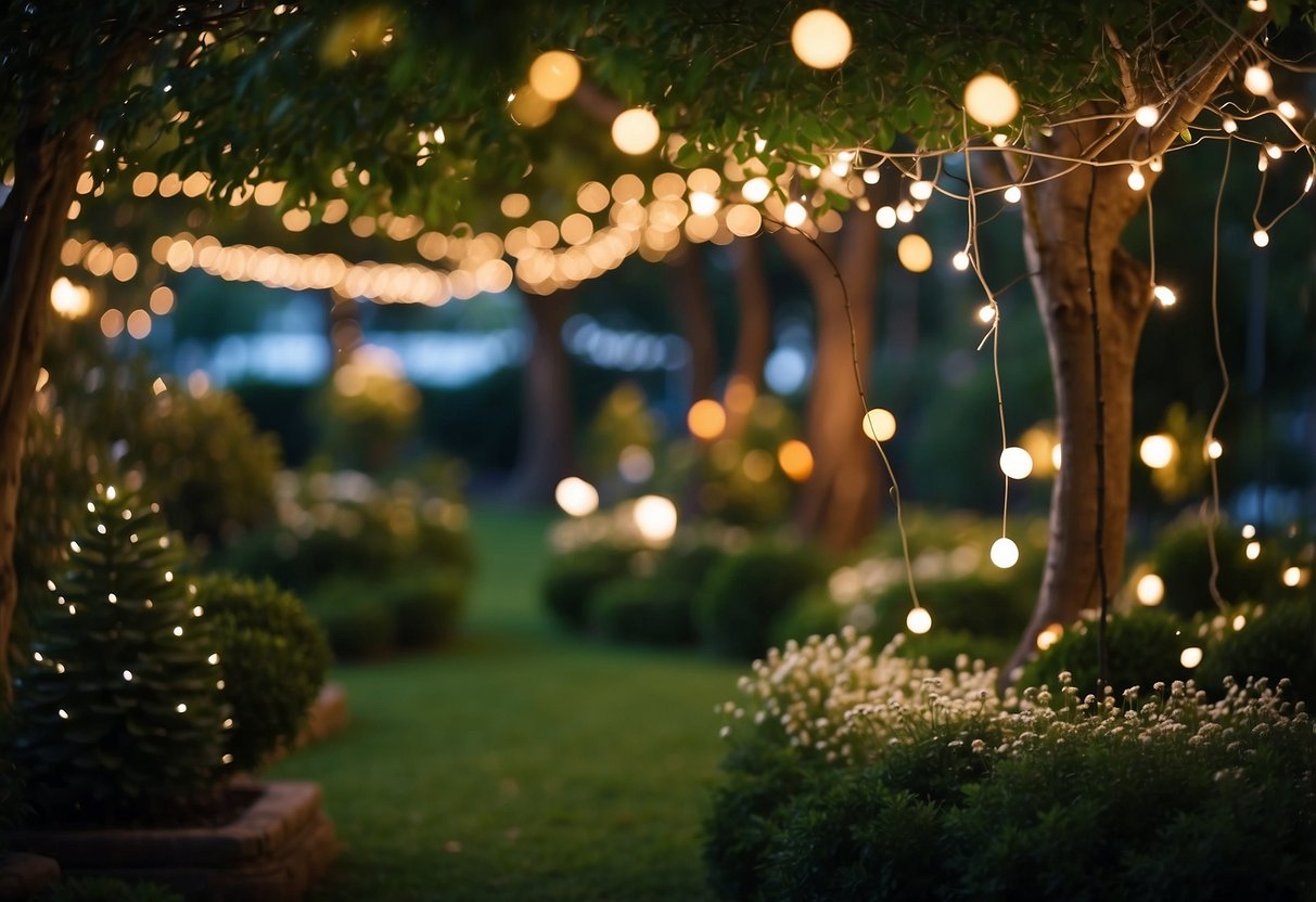 A garden filled with twinkling fairy lights, adorned with festive decorations and surrounded by lush greenery, creating a magical and enchanting atmosphere for a Christmas party