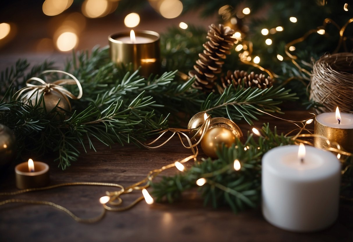 A table with assorted greenery, ribbons, and ornaments. Scissors, wire, and glue nearby. Festive lights and decorations in the background