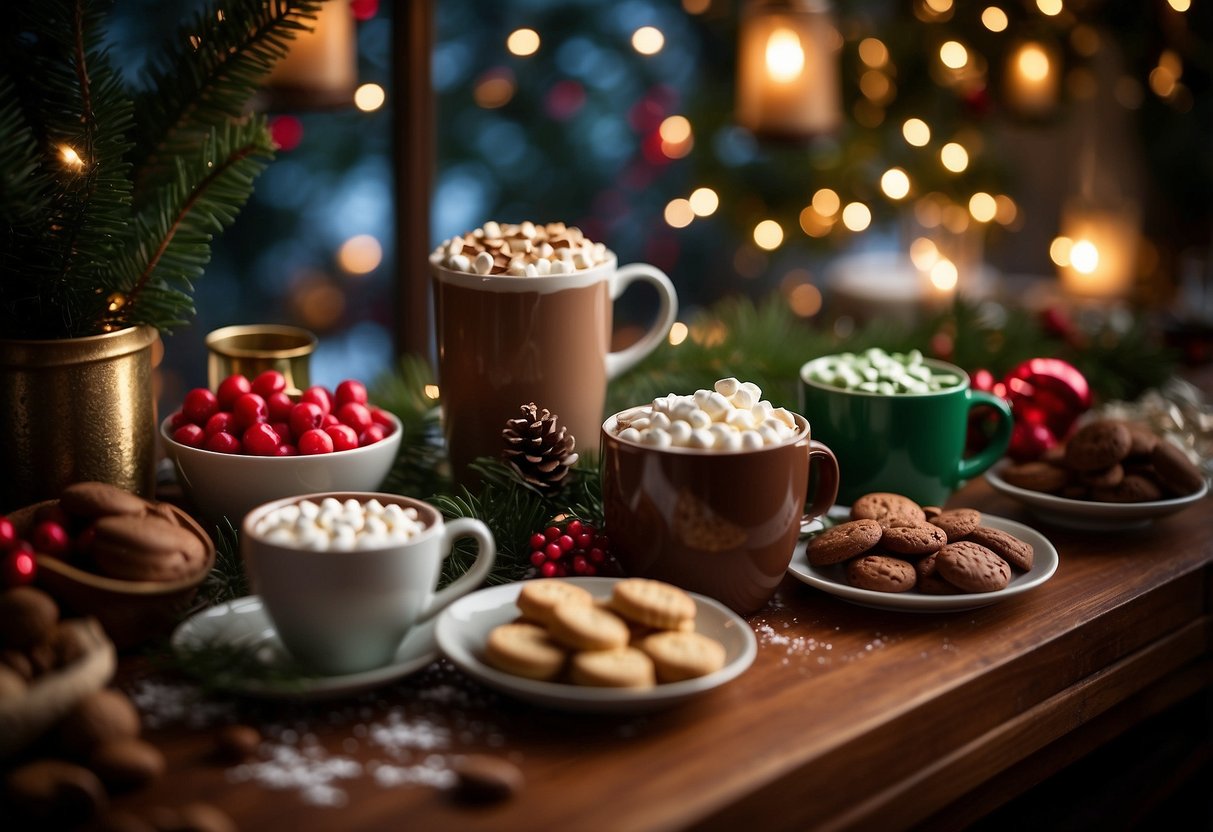 A festive hot cocoa bar set up in a winter garden, adorned with twinkling lights, red and green decorations, and a variety of toppings and mix-ins