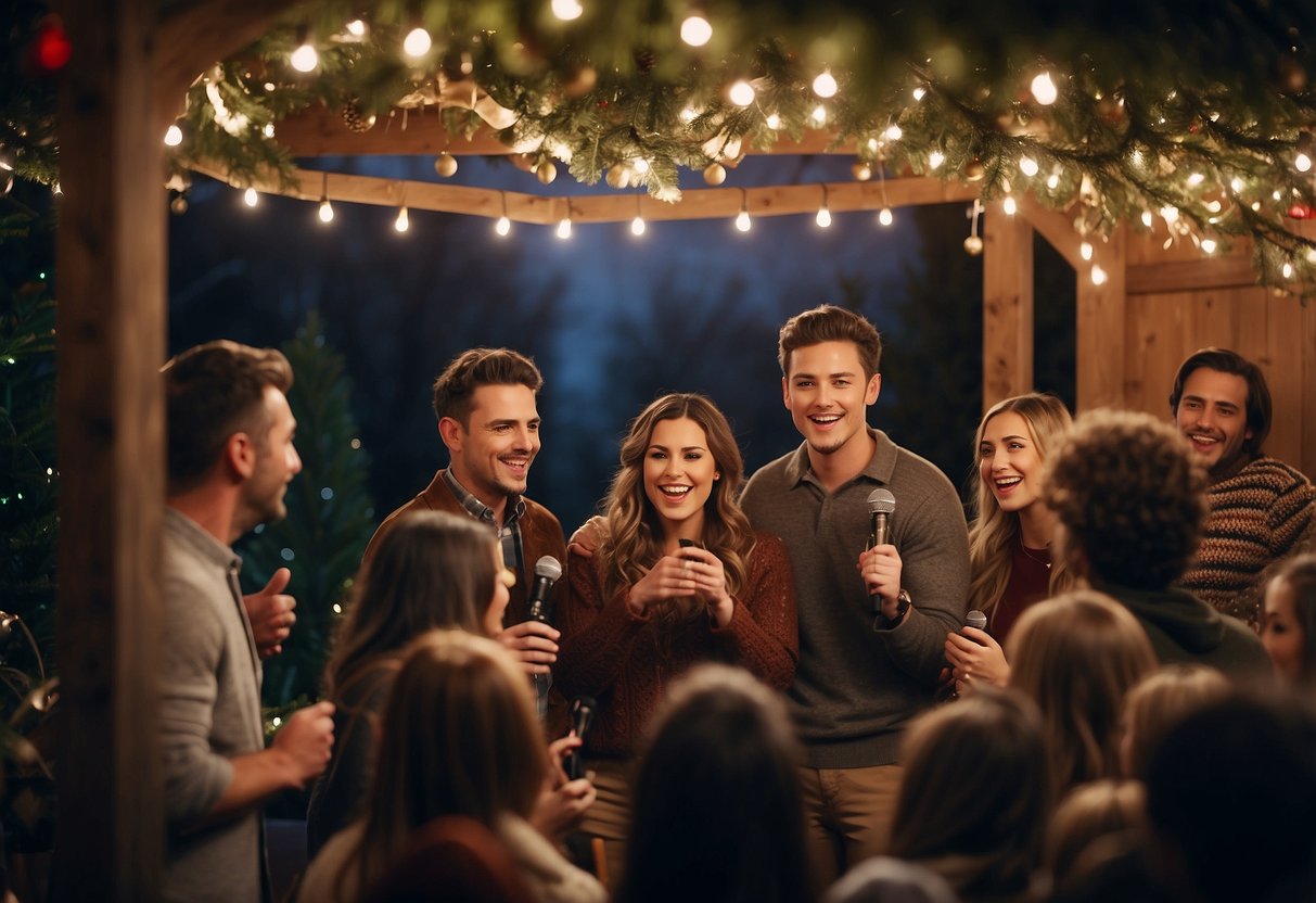 A group of people gather around a festive Christmas karaoke corner in a garden, singing and enjoying the holiday spirit