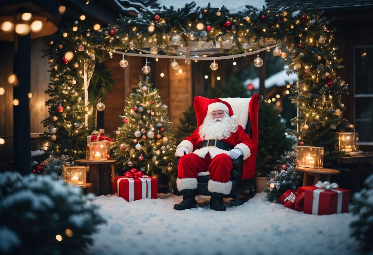 A festive garden party with a photo booth designed as Santa's sleigh, surrounded by twinkling lights and holiday decorations