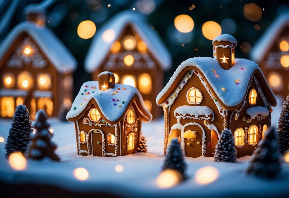 A festive garden with snow-covered gingerbread houses, twinkling lights, and a colorful array of holiday decorations