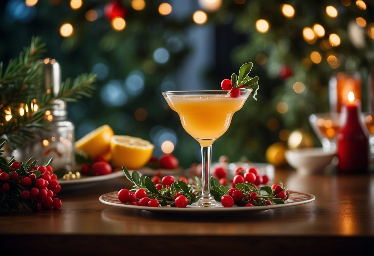 A festive Christmas cocktail station set up in a garden party with twinkling lights, holly and mistletoe decorations, and a variety of colorful drink ingredients and garnishes