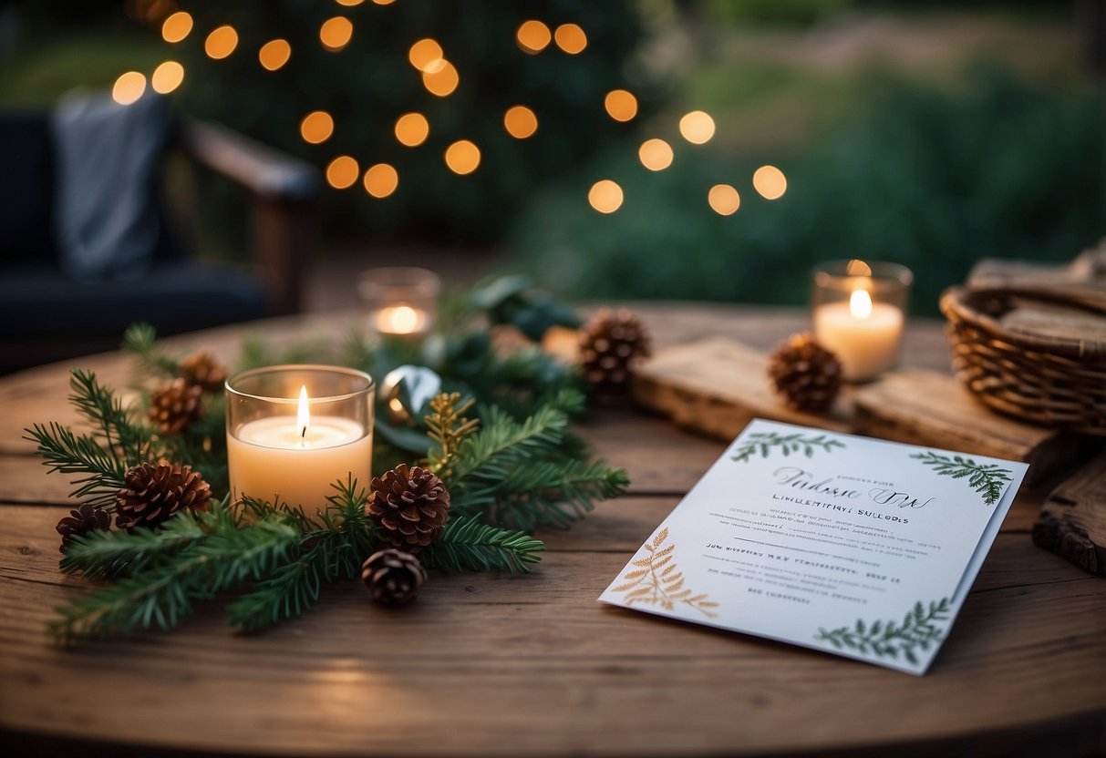 Colorful invitations and RSVPs scattered on a rustic wooden table in a festive garden setting. Twinkling lights, evergreen wreaths, and a cozy fire pit create a warm and inviting atmosphere