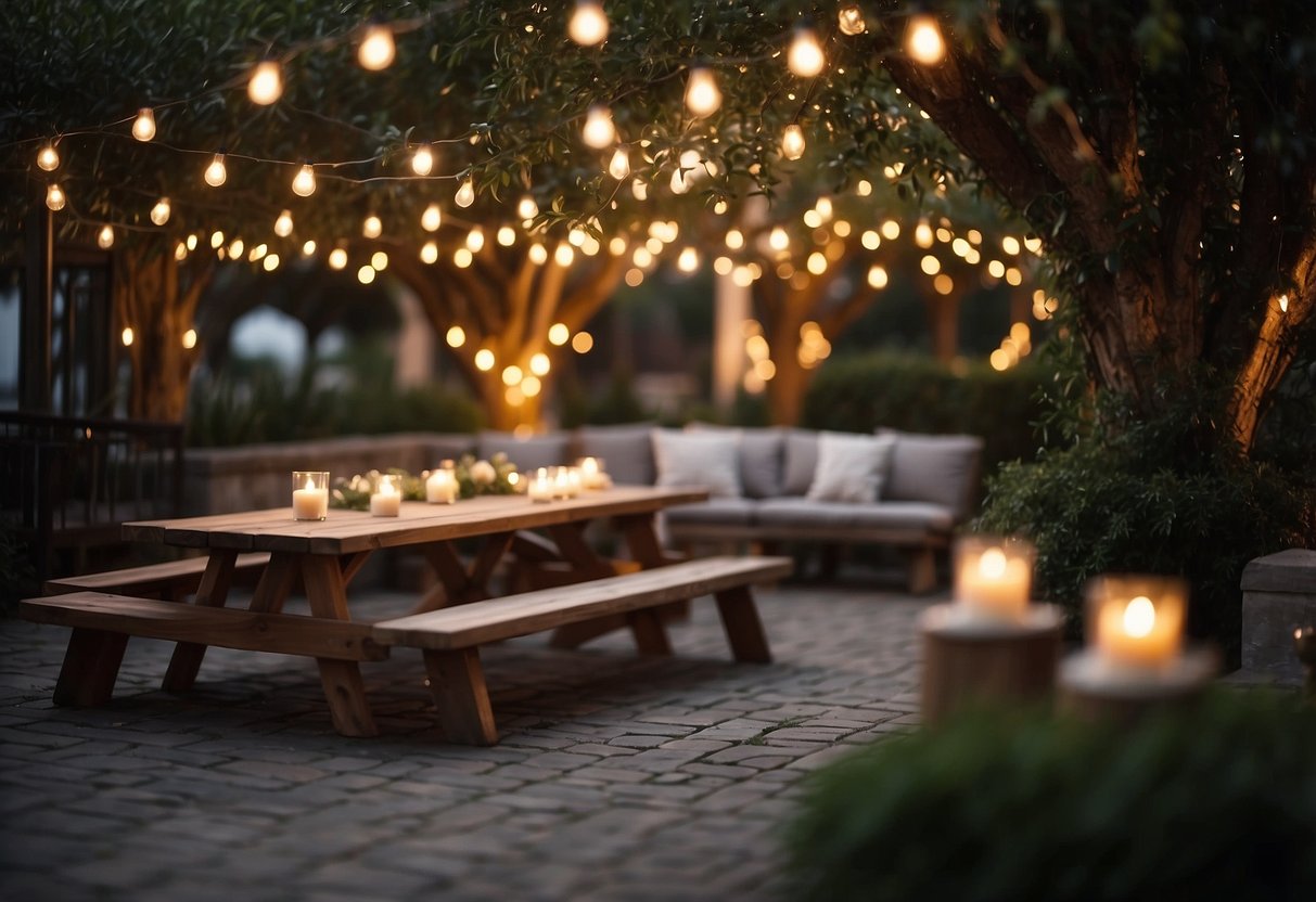 Festive lights hang from trees, illuminating a cozy outdoor seating area. A table is adorned with holiday greenery and candles, creating a warm and inviting atmosphere for a Christmas garden party