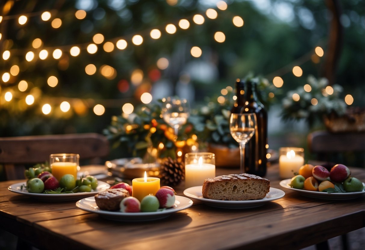 A festive garden scene with a table filled with holiday-themed food and beverages, surrounded by twinkling lights and seasonal decorations