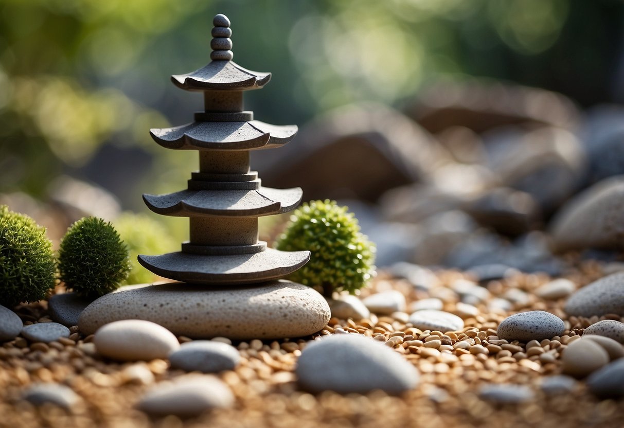 A serene zen garden with a miniature stone pagoda as the focal point, surrounded by carefully raked gravel and small, meticulously placed rocks