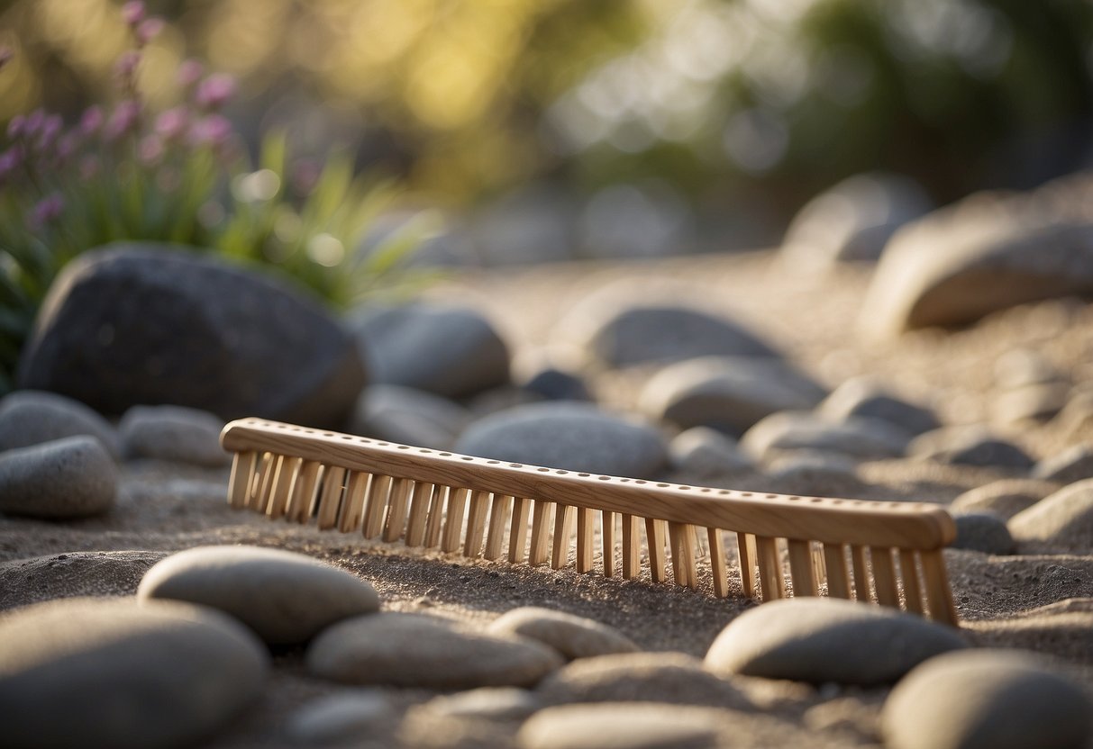 A wooden rake sits in a tranquil zen garden, surrounded by carefully arranged rocks and sand patterns, creating a sense of peacefulness and harmony