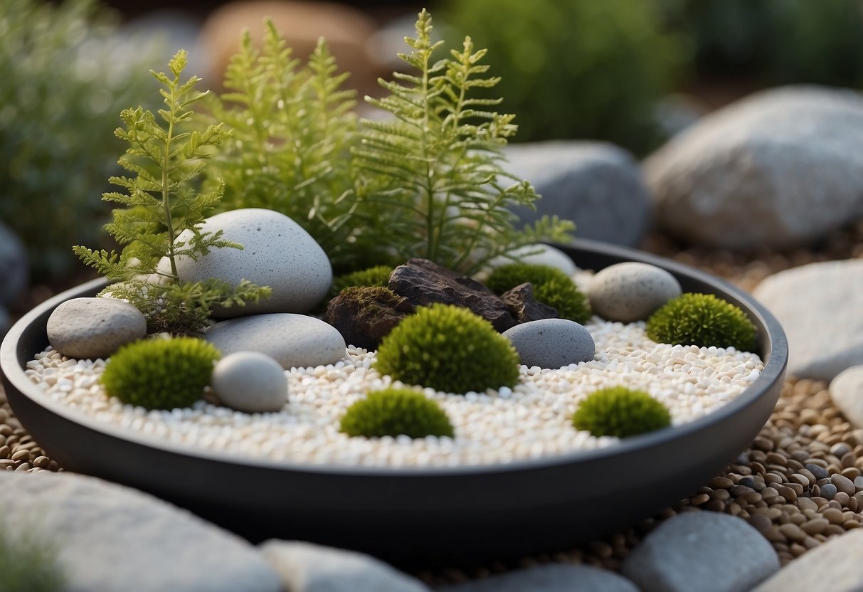 A serene zen garden with white gravel, large rocks, and minimalist plantings in a shallow container