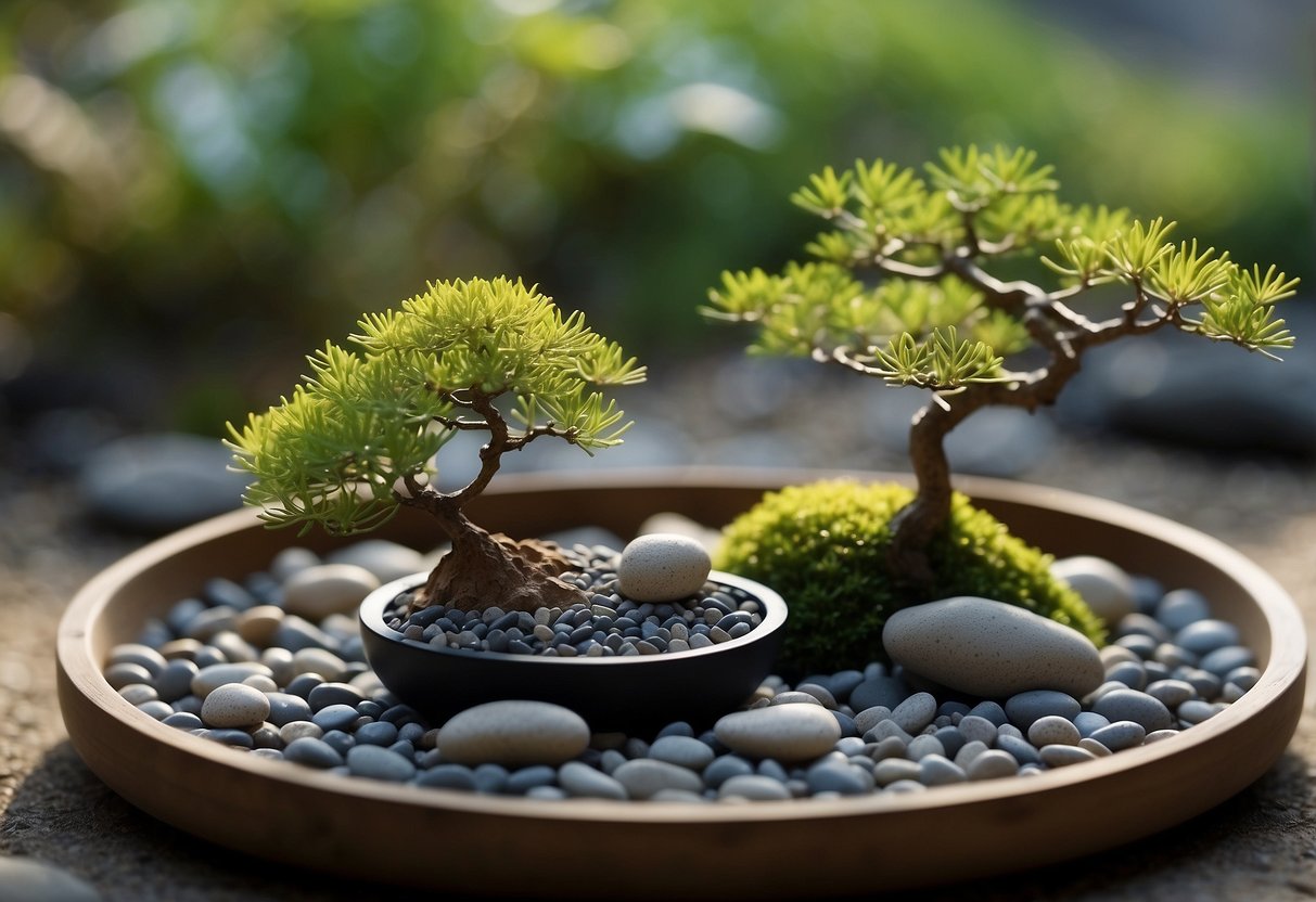 A serene zen garden with a small bonsai tree in a decorative container, surrounded by carefully raked gravel and smooth river rocks