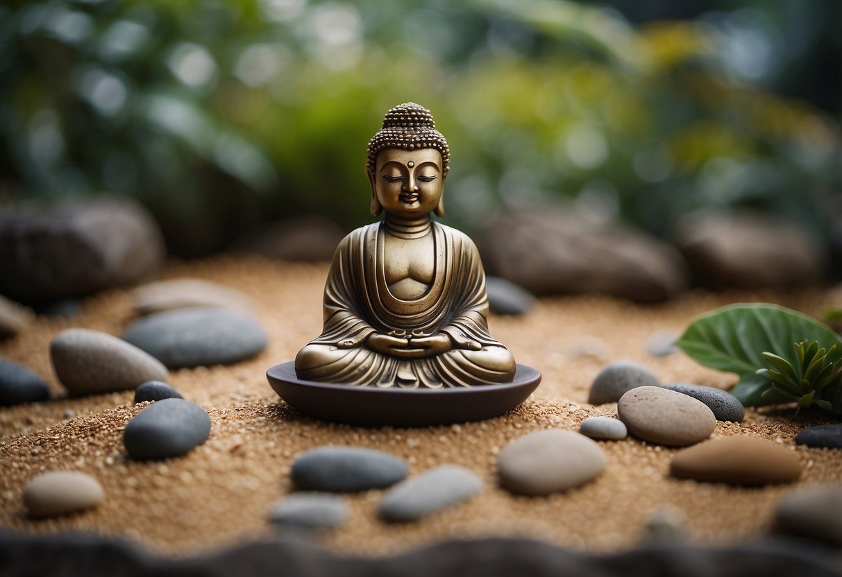 A small Buddha statue sits in a serene zen garden container, surrounded by carefully raked sand and smooth stones