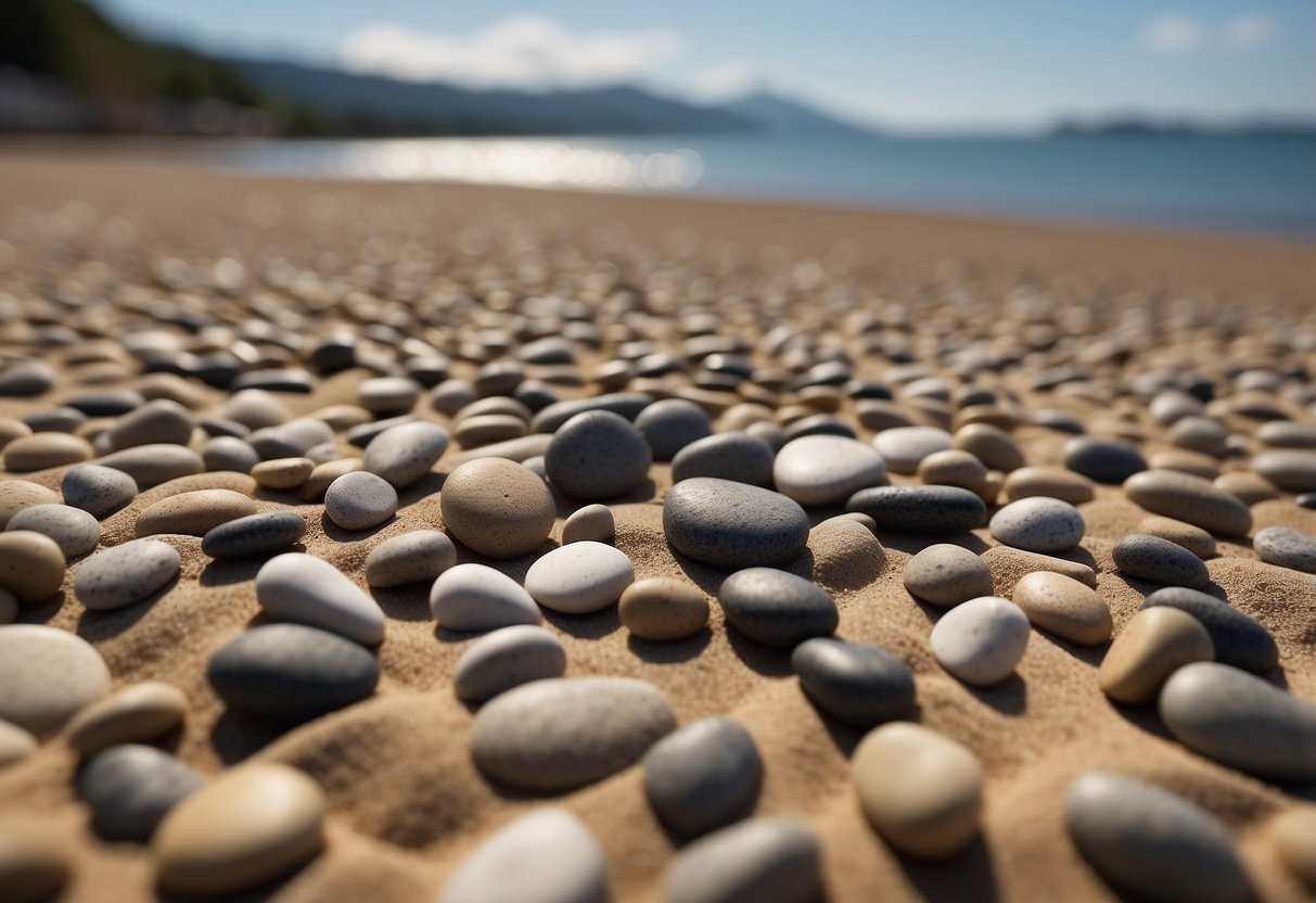 A shallow container filled with smooth river pebbles arranged in a calming, minimalist pattern. Surrounding the pebbles are raked lines in the sand, creating a serene zen garden