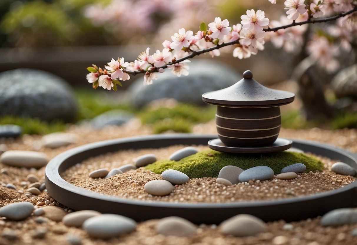 A tranquil zen garden with a small container filled with blooming sakura blossoms, surrounded by smooth pebbles and carefully raked sand