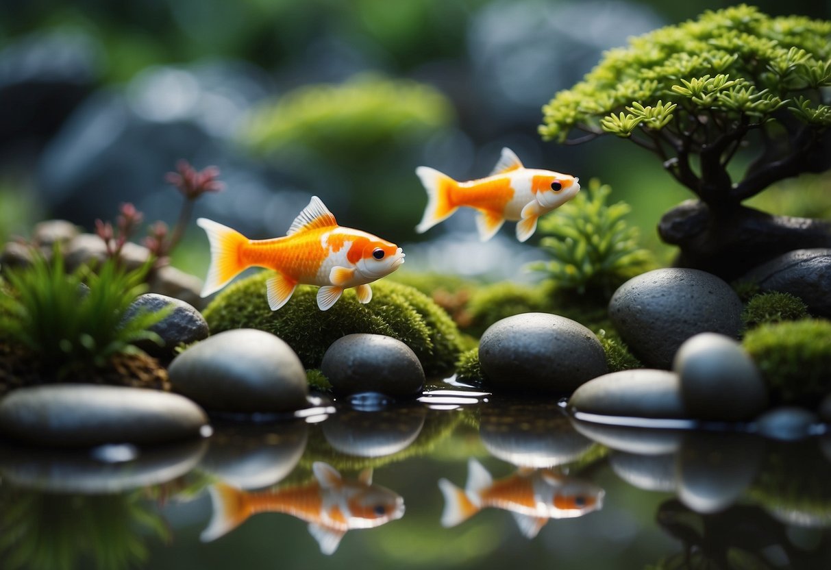 A serene zen garden with koi fish figurines swimming in a tranquil pond, surrounded by carefully arranged rocks and lush greenery