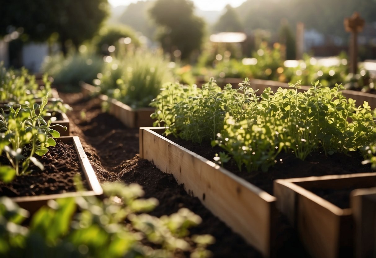 A raised bed herb garden sprawls across a 1-acre plot, with neat rows of aromatic plants thriving in the sunlight