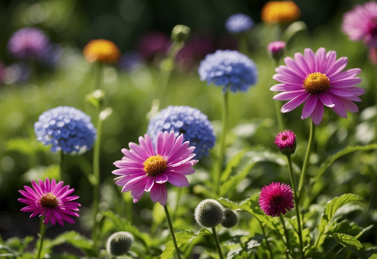 A variety of colorful flowers and lush green foliage arranged in a harmonious and balanced manner across the 1-acre garden