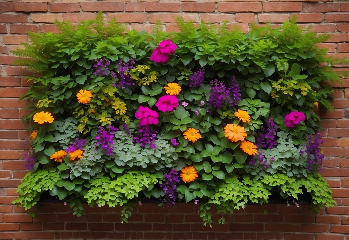 A vertical wall garden with lush greenery and colorful flowers cascading down a brick wall, capturing the essence of 1920s garden ideas