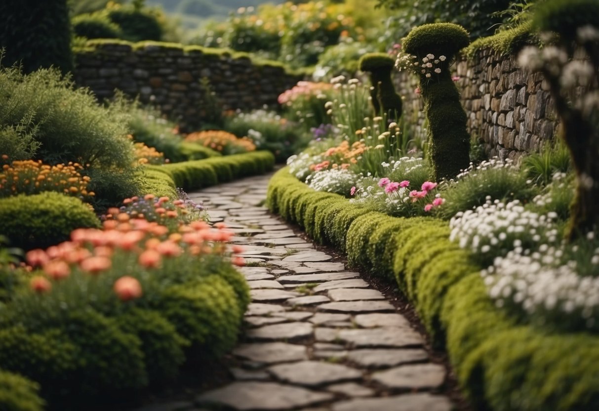 A winding stone pathway leads through a lush garden, flanked by vibrant flowers and bordered by aged, moss-covered stone walls