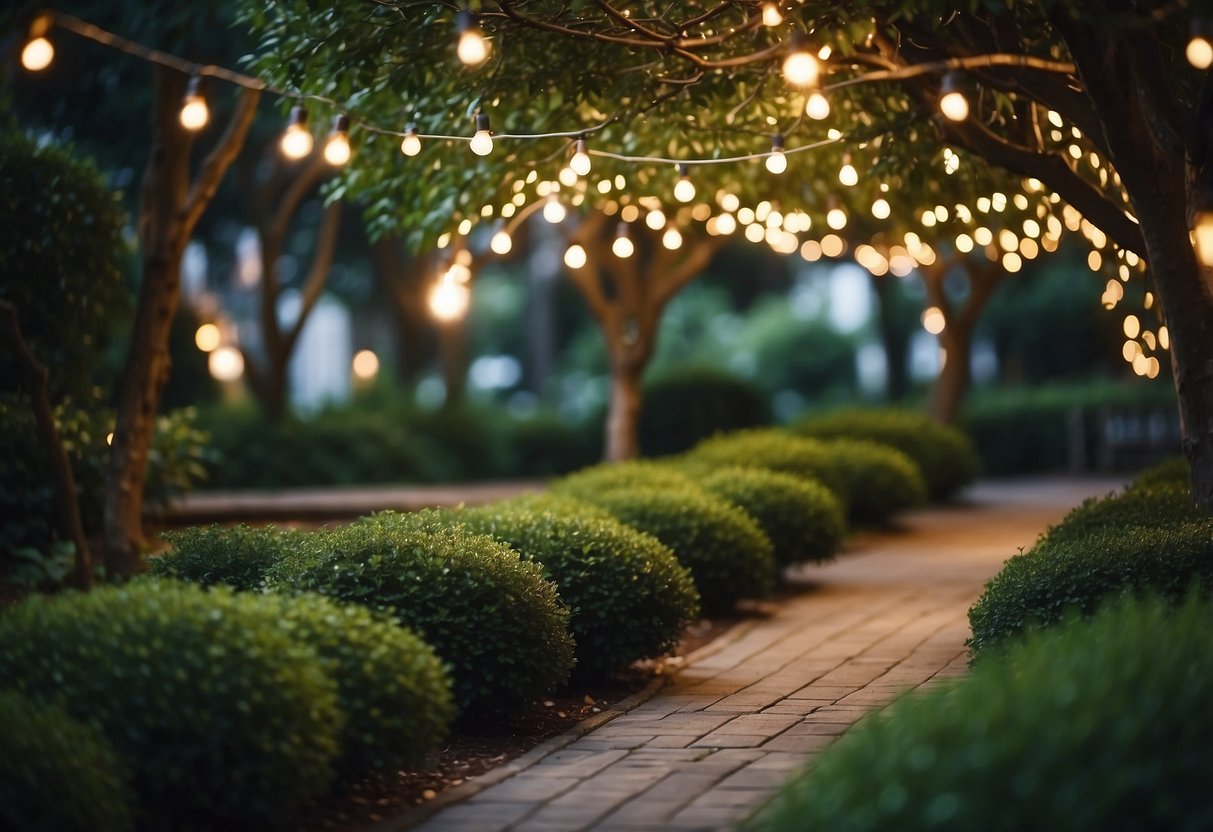 A 1920s garden with fairy lights draped around trees and bushes, casting a warm and magical glow over the lush greenery