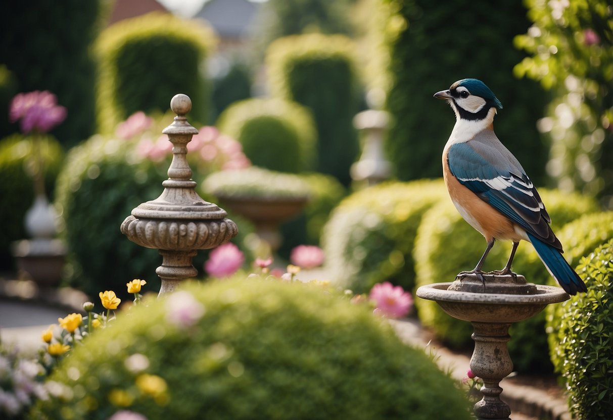 A lush 1920s garden with ornate vintage bird baths nestled among blooming flowers and manicured hedges