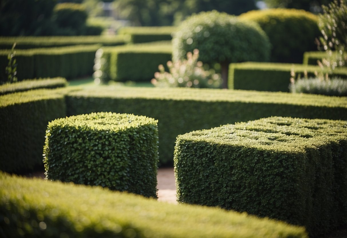 Lush, geometric hedges form intricate patterns in a 1920s garden, creating sculptural focal points and adding a sense of elegance and structure to the landscape