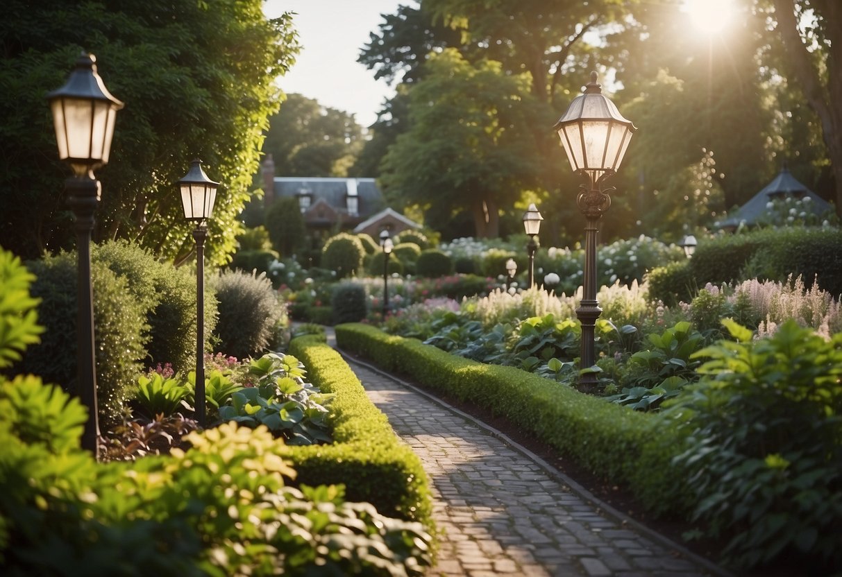 A lush 1920s garden with solar-powered lights illuminating the pathways and highlighting the vintage plantings and architectural features