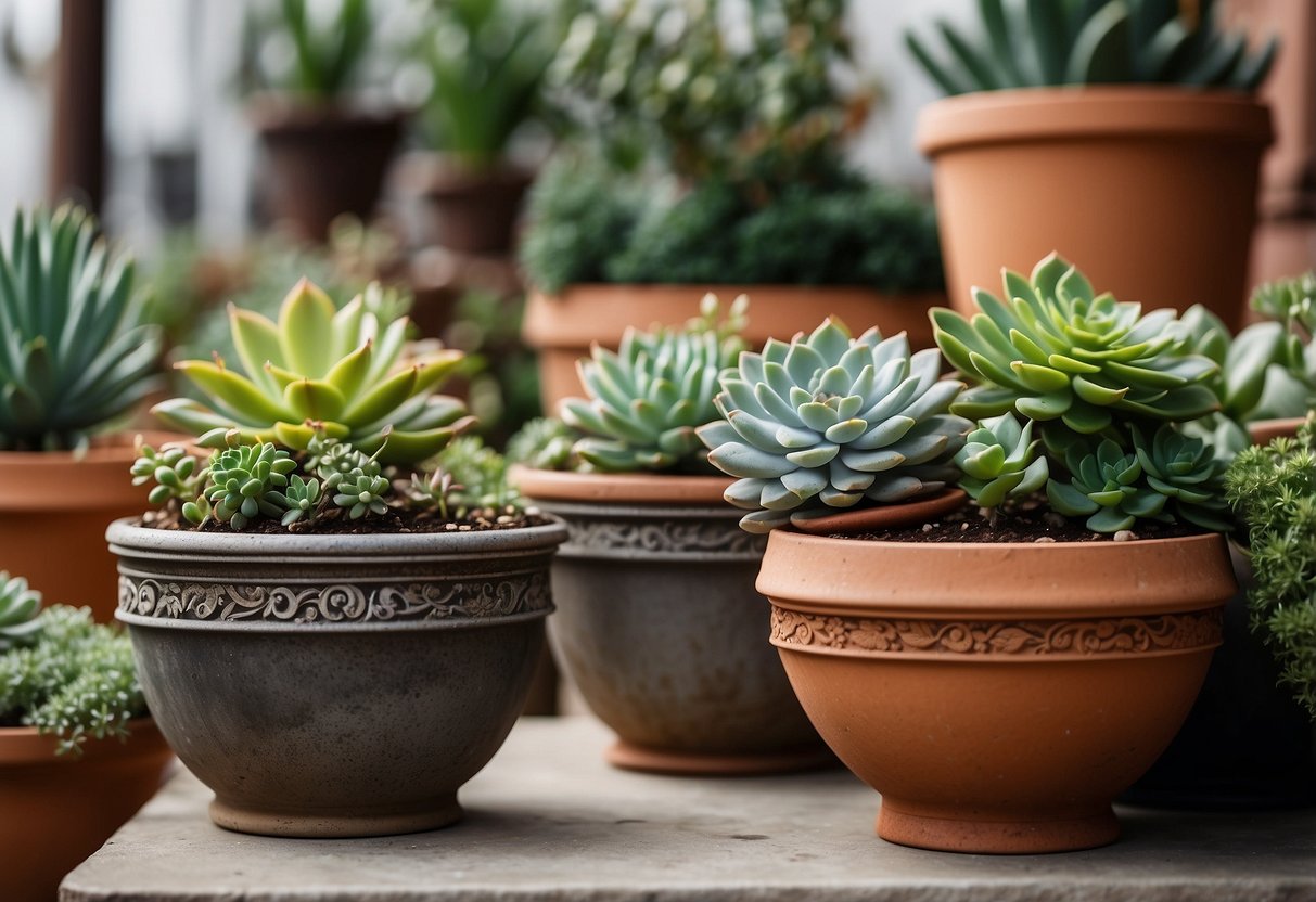 Lush succulent arrangements adorn a 1920s garden, with vintage terracotta pots and ornate ironwork accents