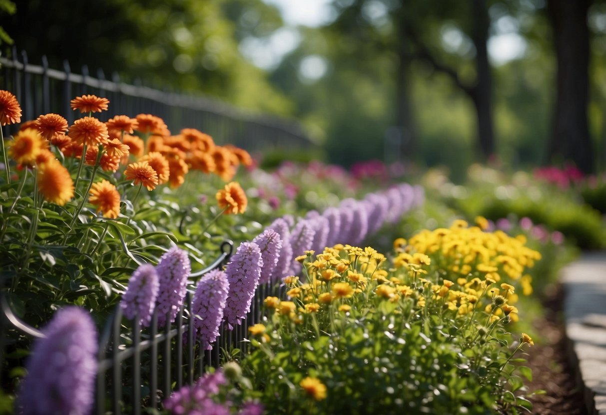 Colorful flowers bloom in neat rows, surrounded by lush greenery. A vintage wrought iron fence encloses the garden, with a charming stone pathway winding through the vibrant perennial beds