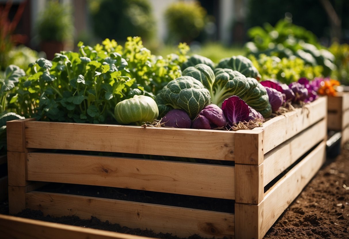 A row of wooden planter boxes filled with vibrant vegetables, surrounded by a lush garden from the 1920s