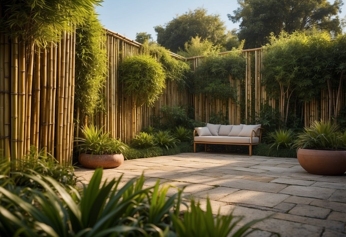 A lush garden with bamboo privacy screens, reminiscent of 1920s design, creating a serene and secluded outdoor space