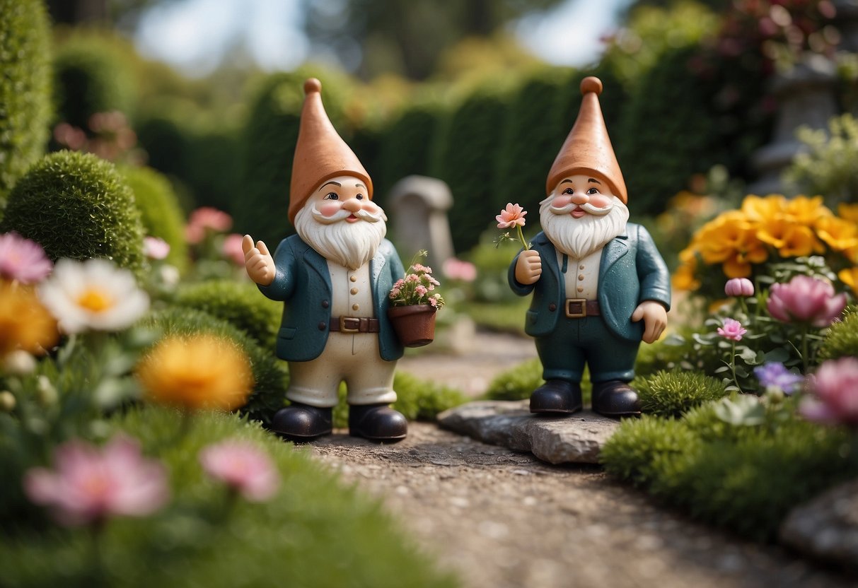 A quaint 1920s garden with whimsical garden gnome statues scattered among vibrant flowers and neatly trimmed hedges