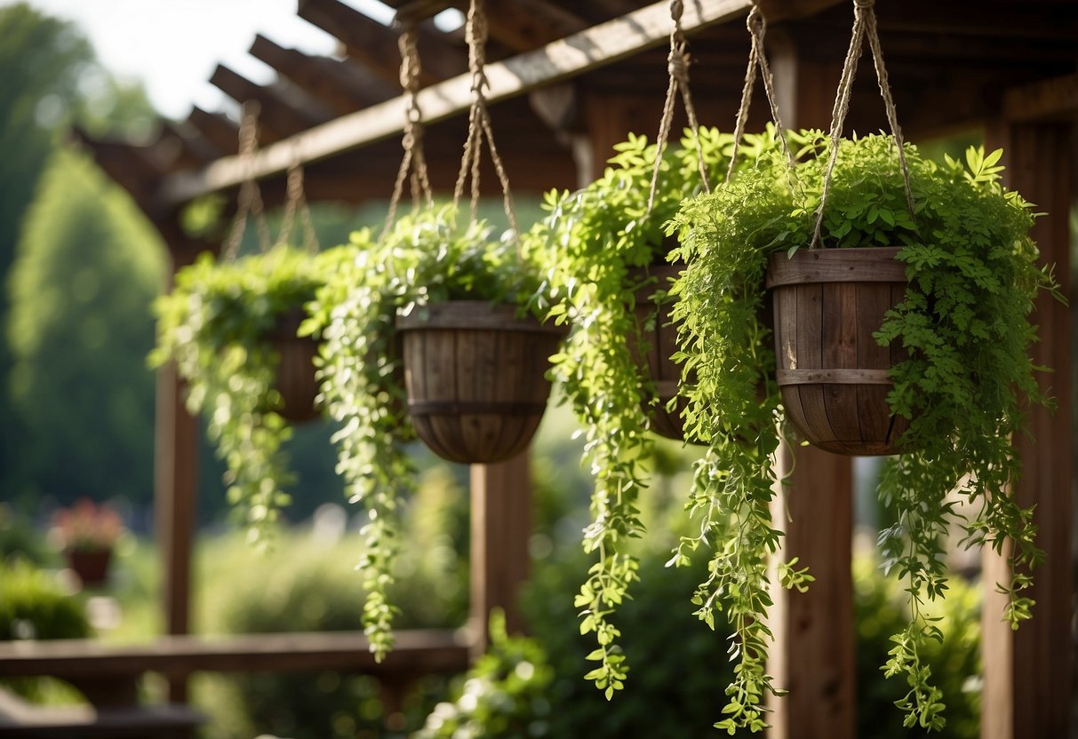 Lush green herbs cascade from rustic wooden planters, suspended from a pergola in a 1920s garden