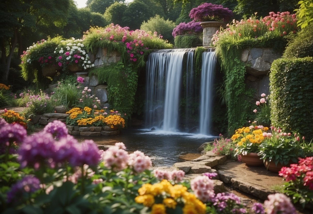 A grand 1920s garden with a cascading waterfall, surrounded by lush greenery and colorful flowers