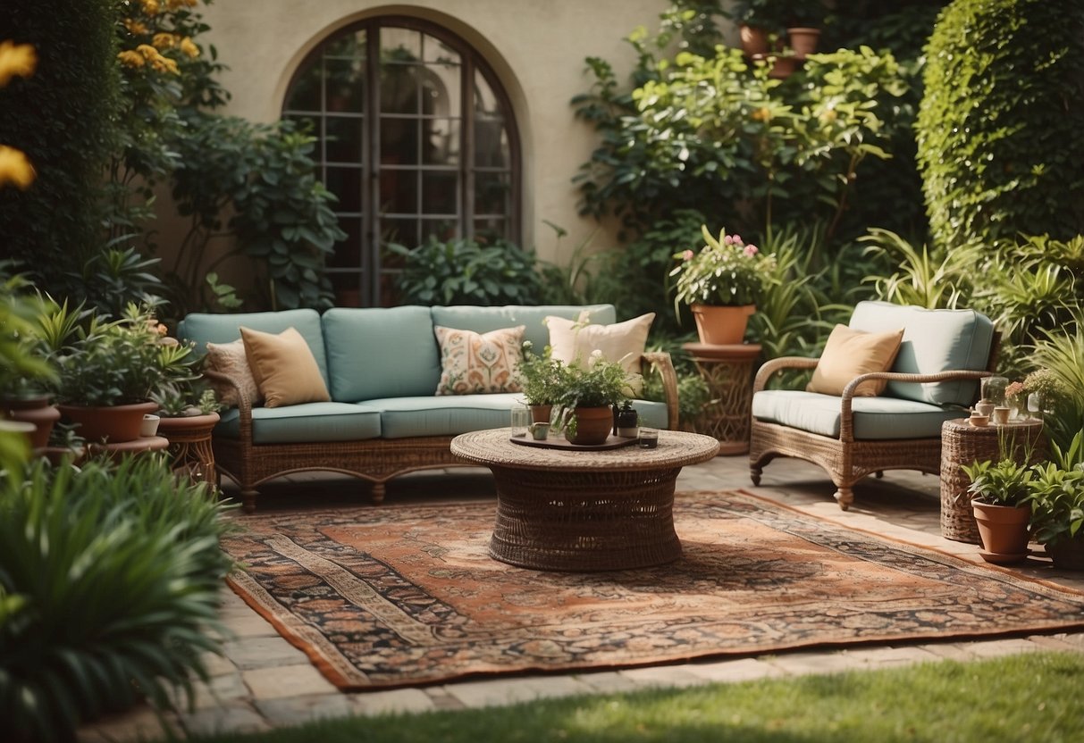 A lush garden with ornate outdoor rugs, surrounded by 1920s-inspired furniture and decor. A vintage vibe with vibrant colors and intricate patterns