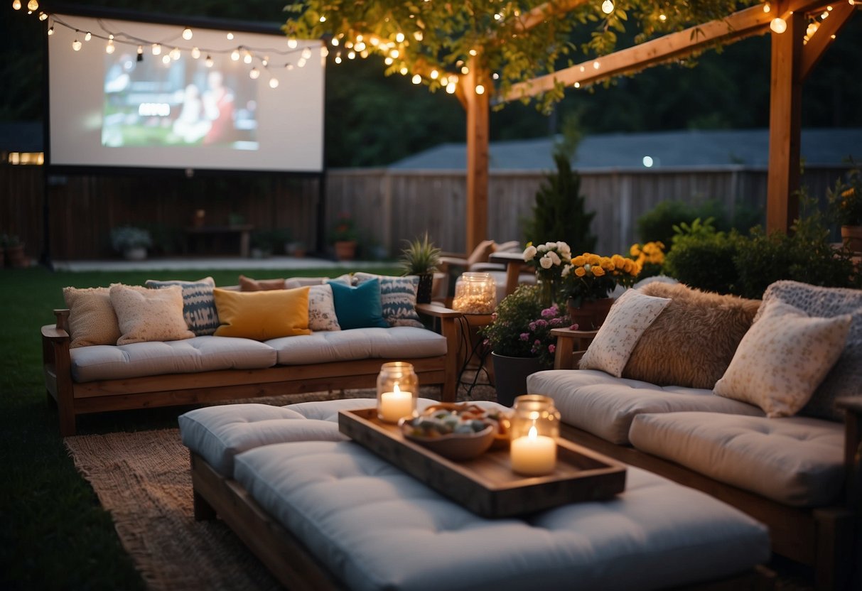 A cozy garden filled with twinkling lights, blankets, and pillows. A large screen is set up for an outdoor movie night, with a popcorn and snack bar nearby