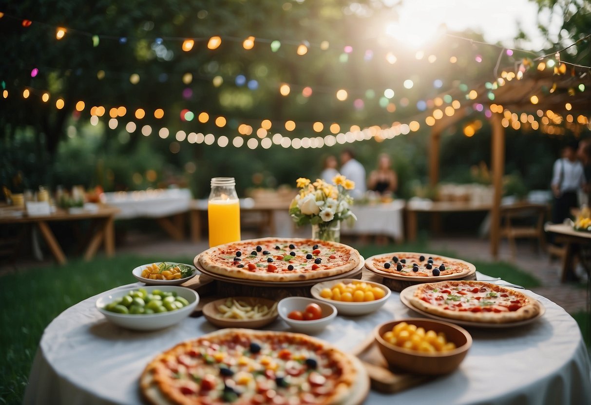 A garden party with a DIY pizza station, colorful toppings, and a festive 13th birthday atmosphere